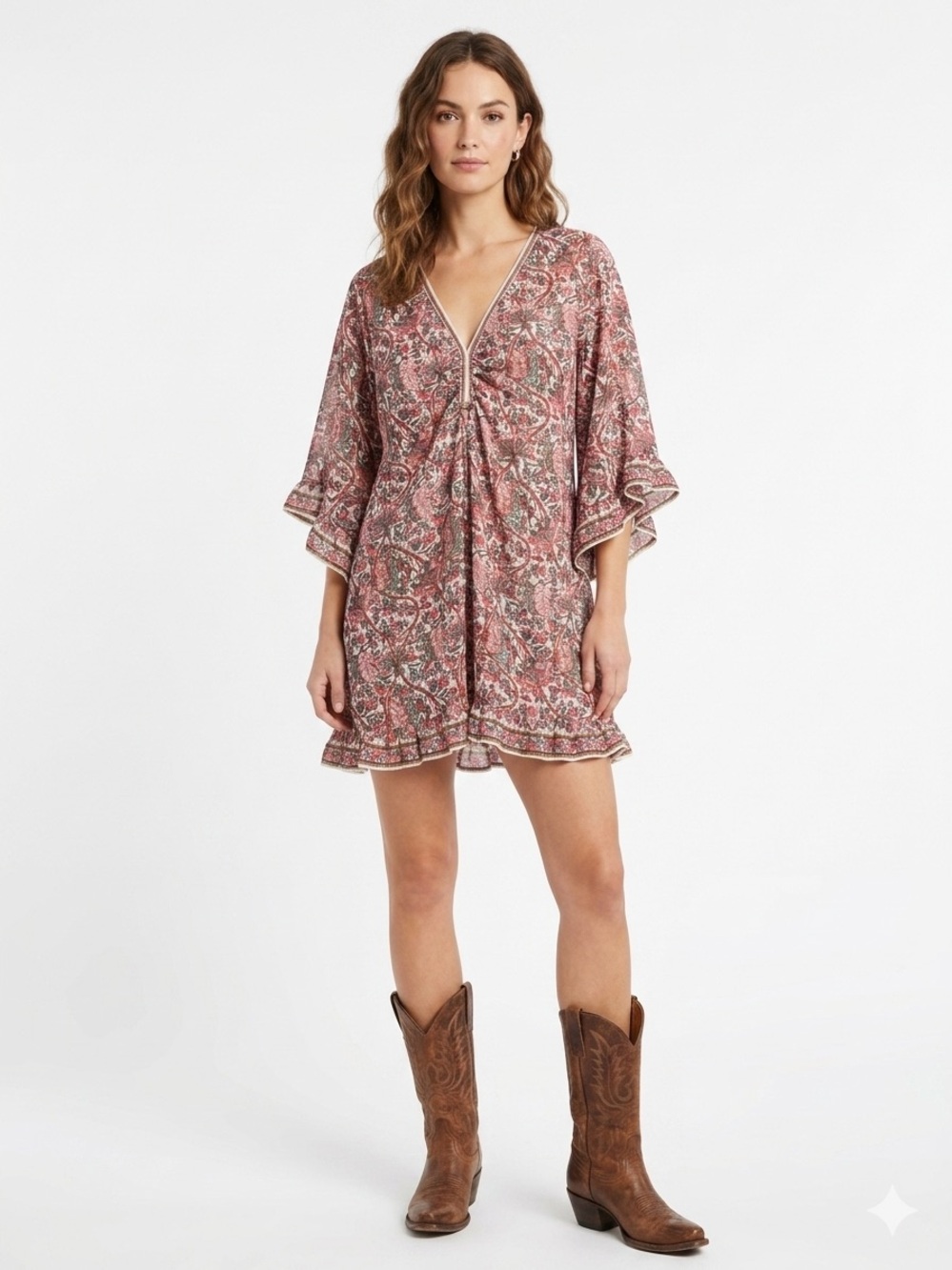 Boho V-Neck Paisley Floral Tunic Dress in Burgundy Coral Rust Cream Sz M